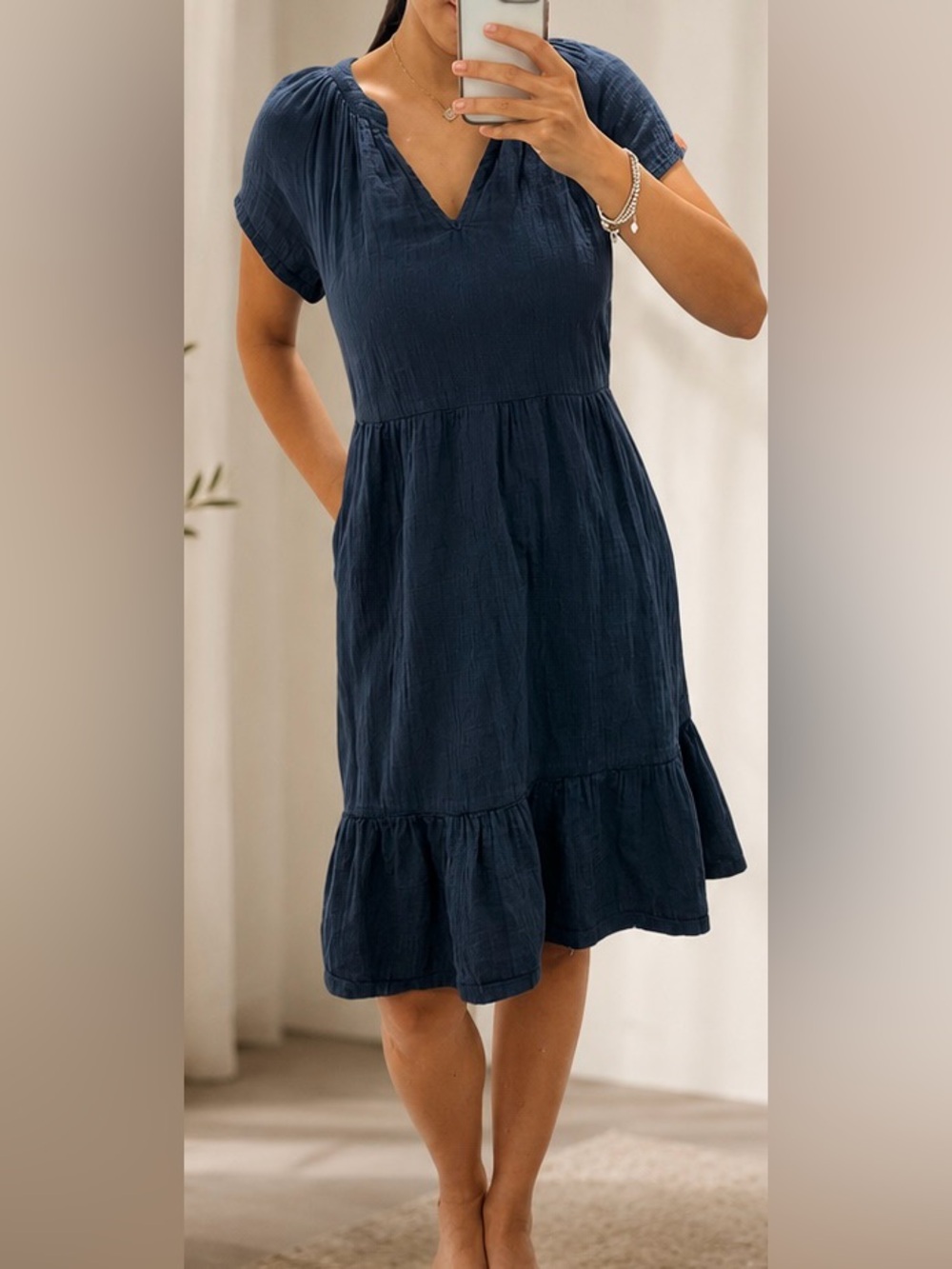 Pact Navy Blue Short-Sleeve Tiered V-Neck Dress 100% ORGANIC COTTON